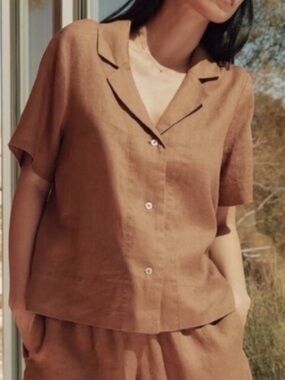 Quince 100% European Linen Short Sleeve Shirt Button Down Golden Brown Sz XS